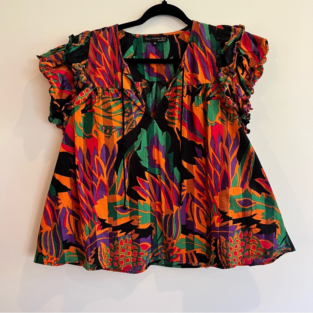 EUC House of Harlow 1960 Nicole‎ Richie Short Ruffle Sleeve print colorful top